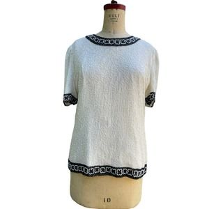Laurence Kazar Womens Beaded Blouse Shirt Top White Black Beaded L